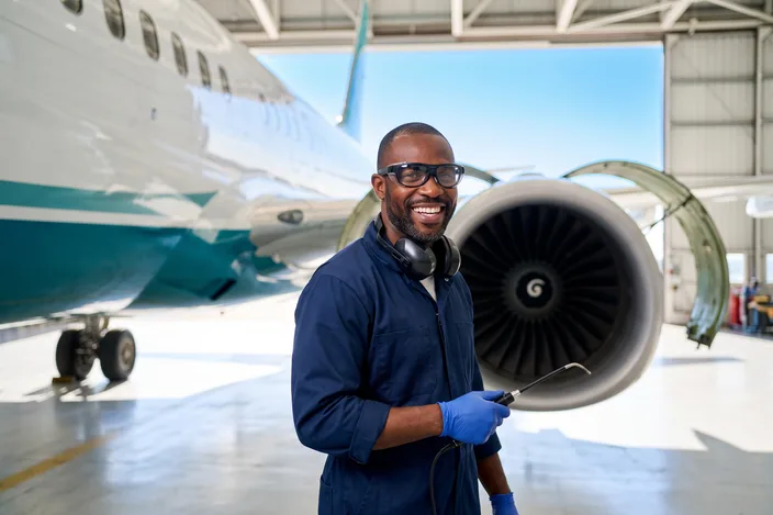 A smiling maintenance engineer wearing Visor glasses beside an opened turbofan engine cowling