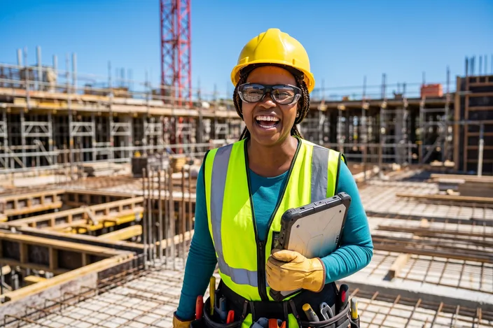 A smiling site engineer wearing Visor glasses on a half-built floor plate of rebar and formwork