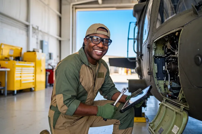 A smiling maintenance technician wearing Visor glasses at an opened helicopter access panel