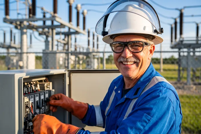 A smiling lineworker wearing Visor glasses at an open relay panel inside a substation