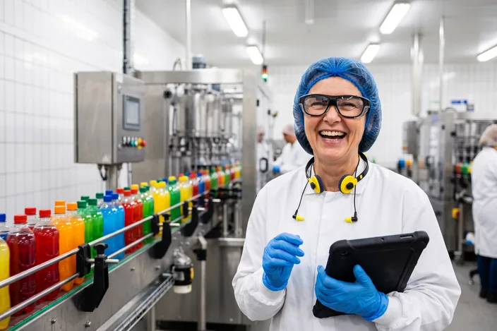 A smiling production line supervisor wearing Visor glasses beside a stainless bottling line
