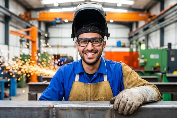 A smiling fabricator wearing Visor glasses, welding helmet raised, beside a completed weld seam