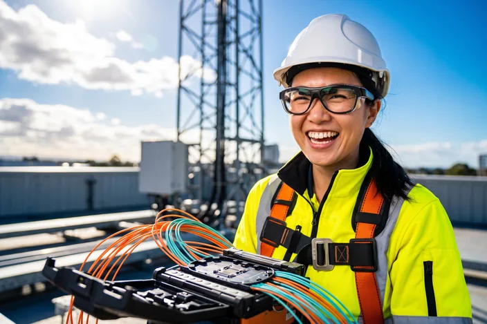 A smiling field engineer wearing Visor glasses splicing fibre beside a communications tower