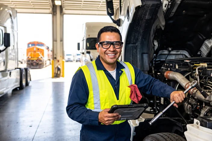 A smiling heavy vehicle mechanic wearing Visor glasses at the opened engine bay of a semi-truck