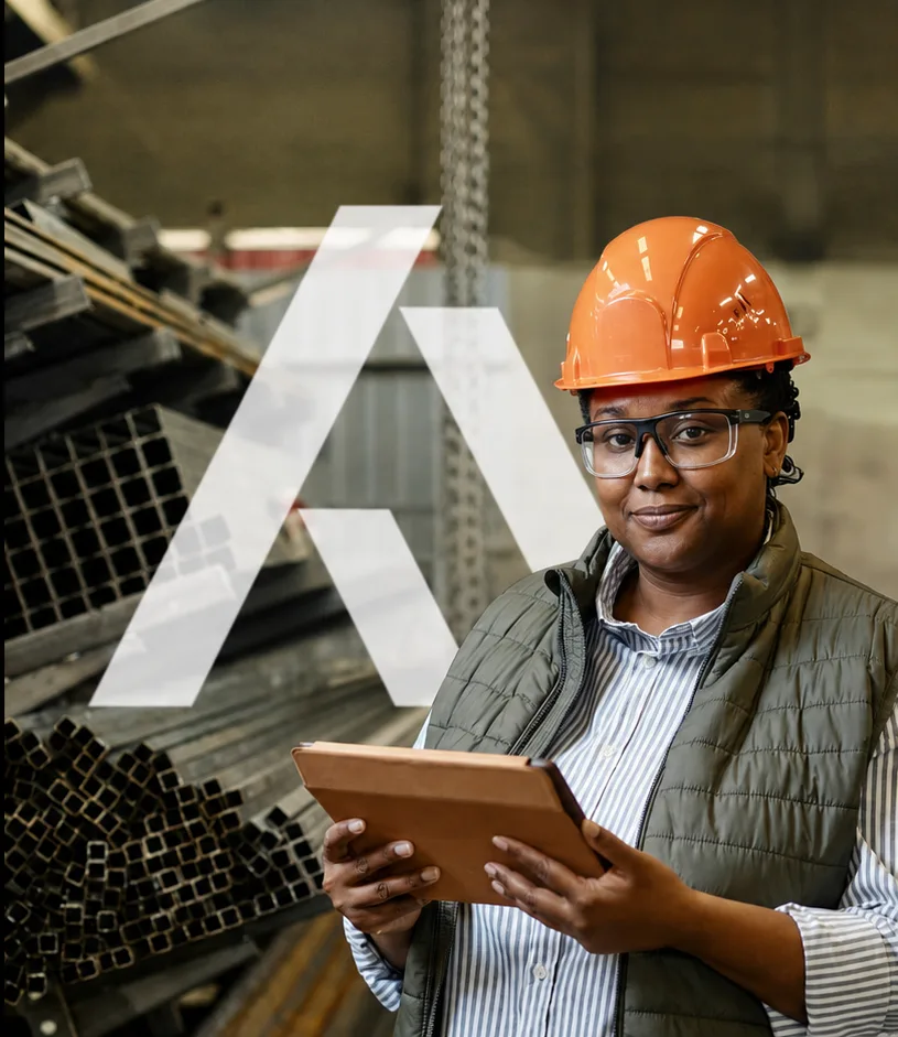 A technician in a hard hat and safety glasses holding a tablet in a steel stockyard