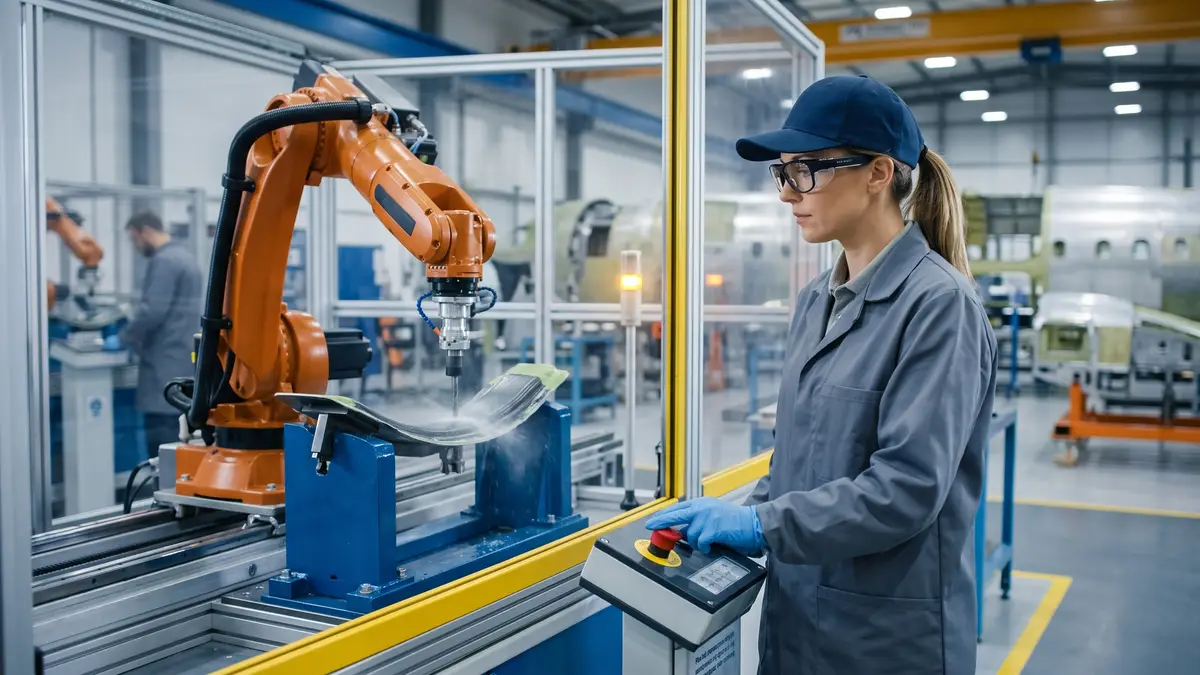 An engineer stands at a control pedestal with her thumb near the stop button while a robot drills a wing panel behind the guarding