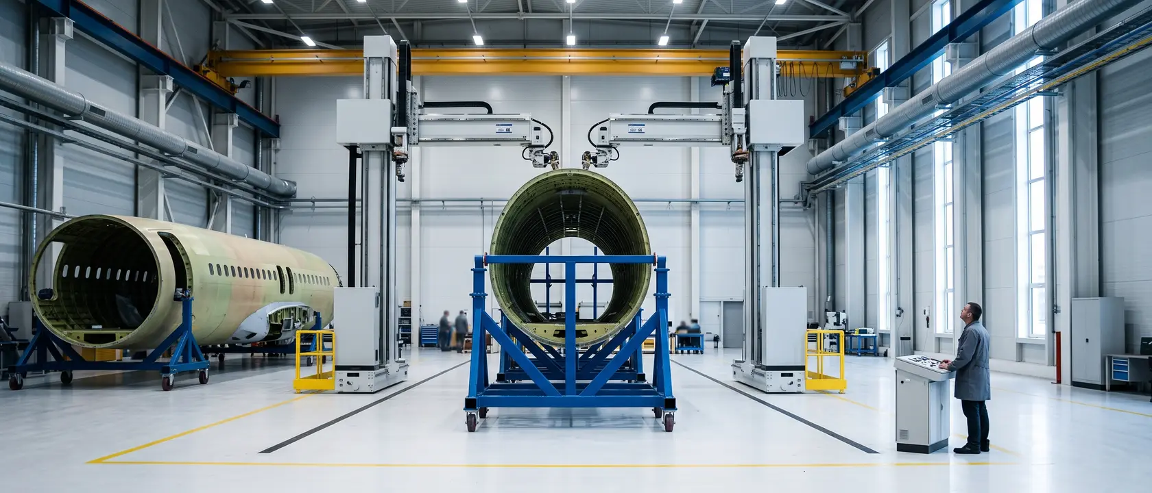 Two automated riveting gantries work a fuselage barrel section while a single supervisor watches from a floor pedestal