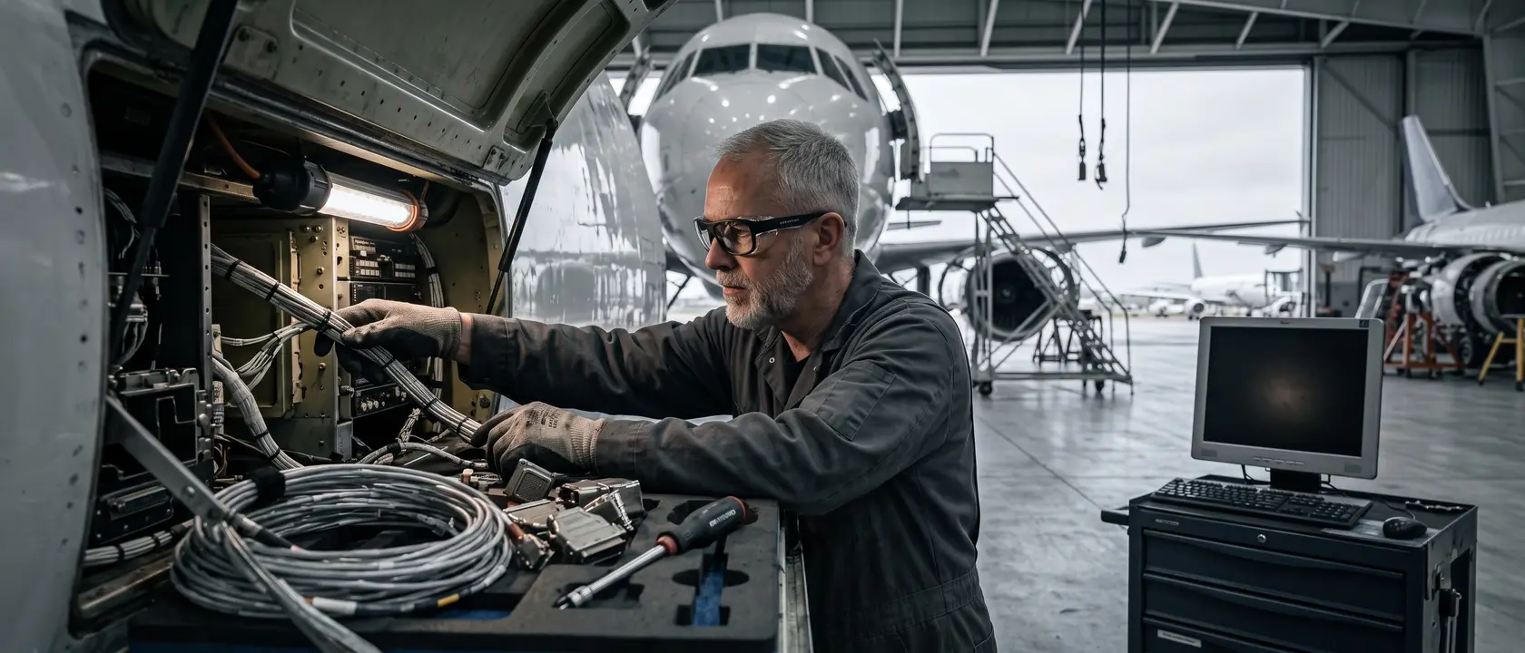 A technician works inside an open avionics bay while a wheeled computer terminal stands dark and unused behind him