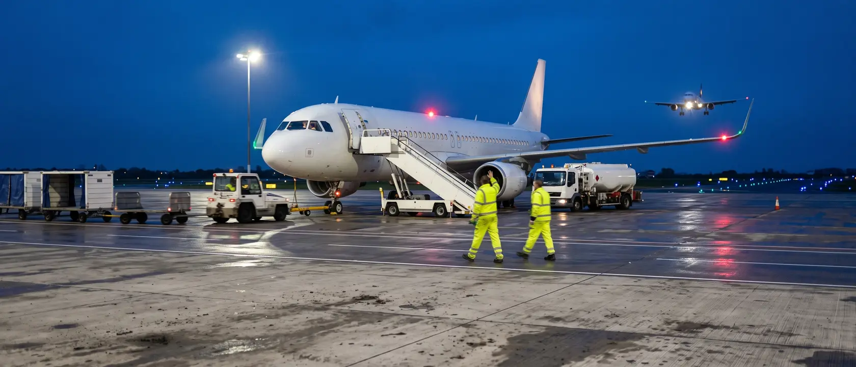 An airport stand at dusk with a parked airliner, airstairs, a fuel bowser, a baggage tug, and ground crew crossing the apron