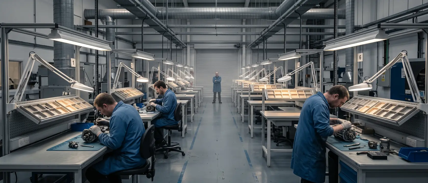 Rows of component overhaul benches under lit task lamps, several of them unoccupied, with a technician standing idle at the far end