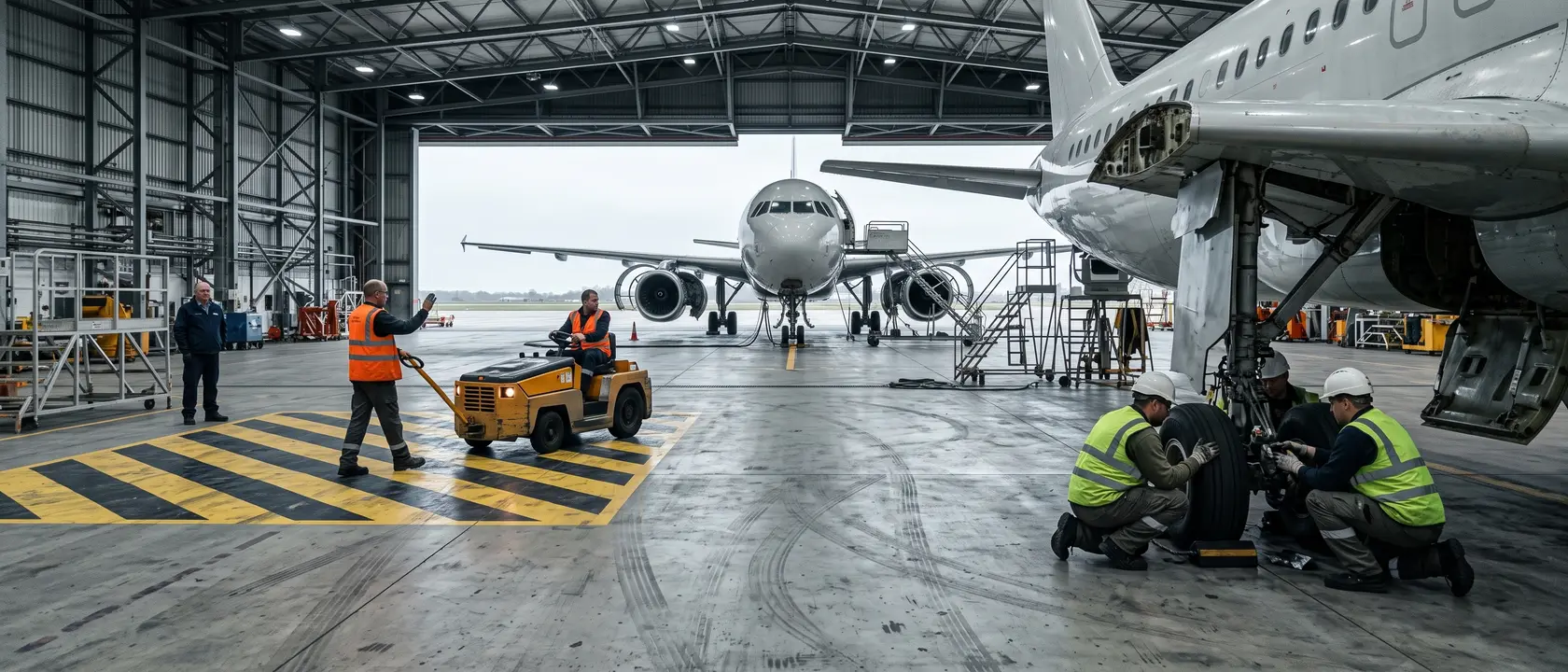 Three ground crews work across a hangar floor as an electric tug moves a nose gear through a painted exclusion zone