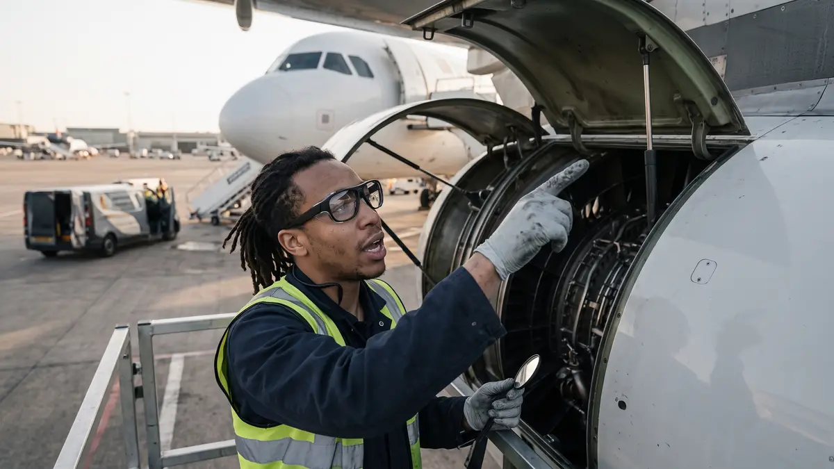 A line maintenance technician in Visor glasses points into an opened engine cowl while talking to a remote expert, with no phone or tablet in his hands