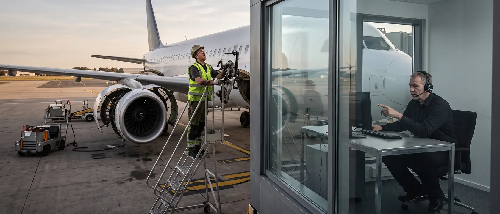 A technician works at an opened engine cowl on the apron while, behind a glazed wall, a specialist in a headset points at his screen