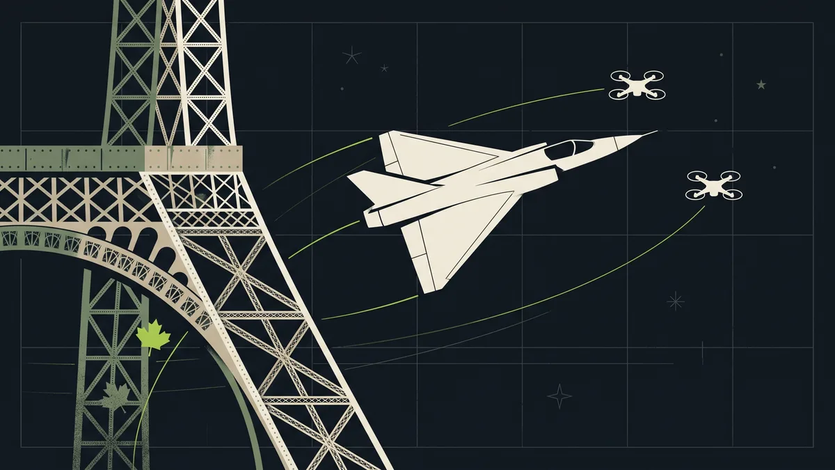 Stylised illustration of a delta-wing jet and drones sweeping past Eiffel Tower ironwork, a lime maple leaf woven into the lattice