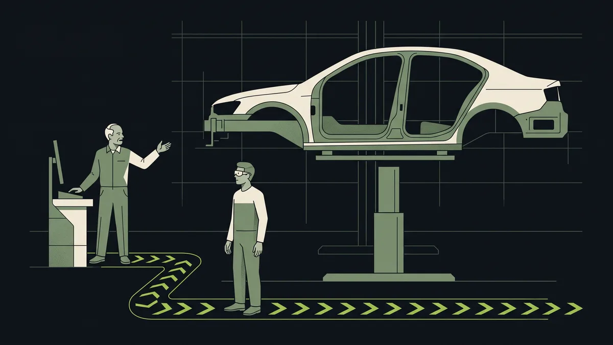 Stylised illustration of an automotive assembly line with a mentor and apprentice figure