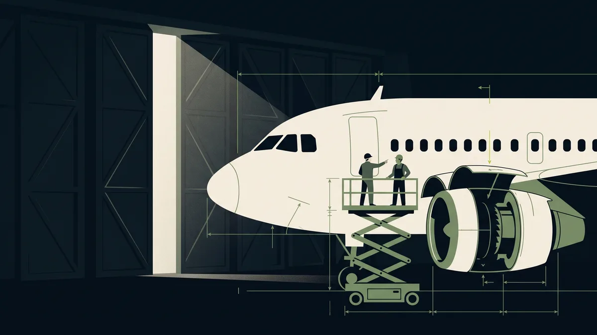 Stylised illustration of an aircraft in a maintenance hangar, two technicians on a lift beside an open engine