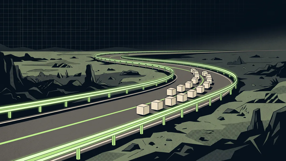 Stylised illustration of a road with glowing guardrails guiding a convoy of cubes past hazards
