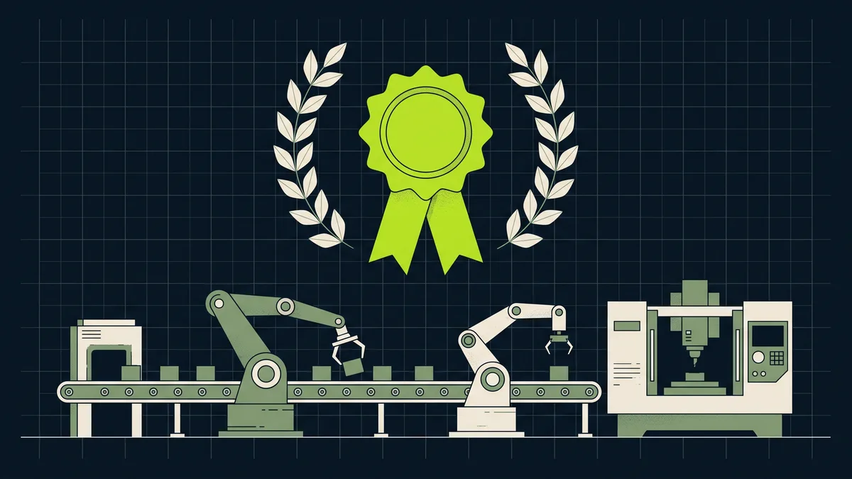 Stylised illustration of an award ribbon over a manufacturing line