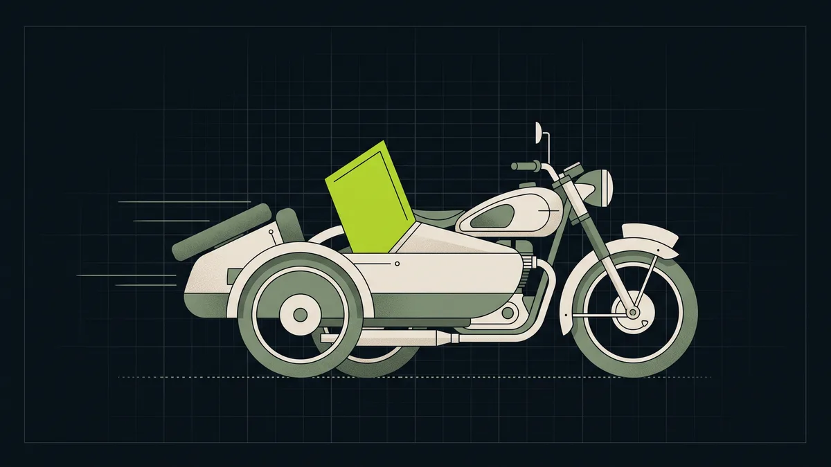Stylised illustration of a motorcycle whose sidecar carries a lime shield
