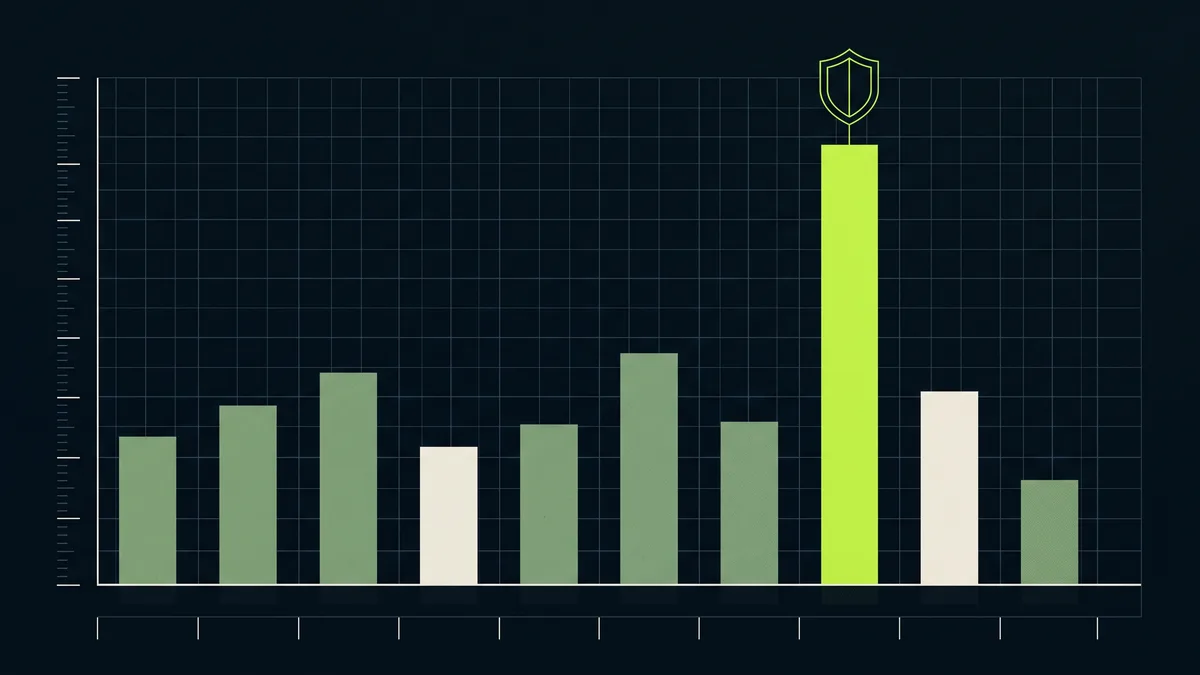 Stylised bar chart with one lime bar rising clearly above the rest, crowned by a shield