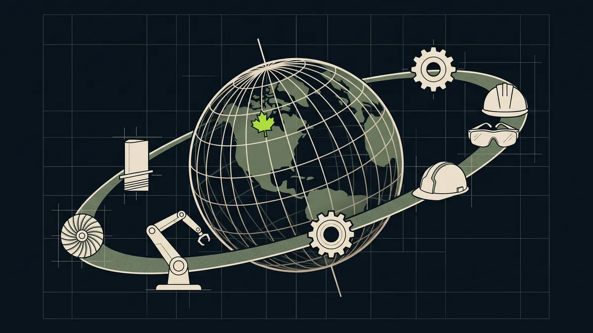 Stylised illustration of a globe ringed by industrial machinery, with a maple leaf marking Canada