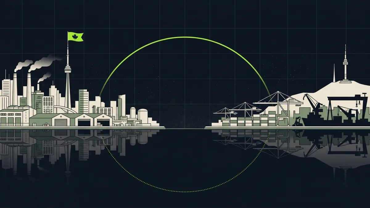 Stylised illustration of Canadian and Korean industrial waterfronts joined by an arc of light across the water