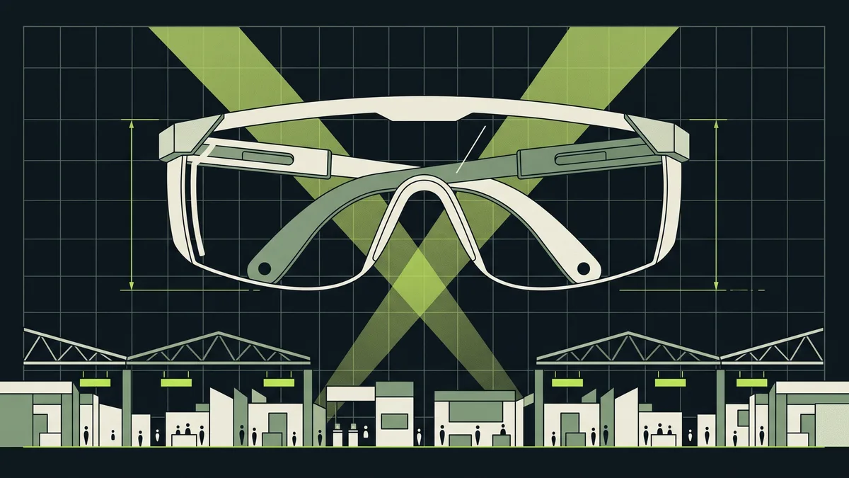 Stylised illustration of plain industrial safety glasses above a trade-fair exhibition hall