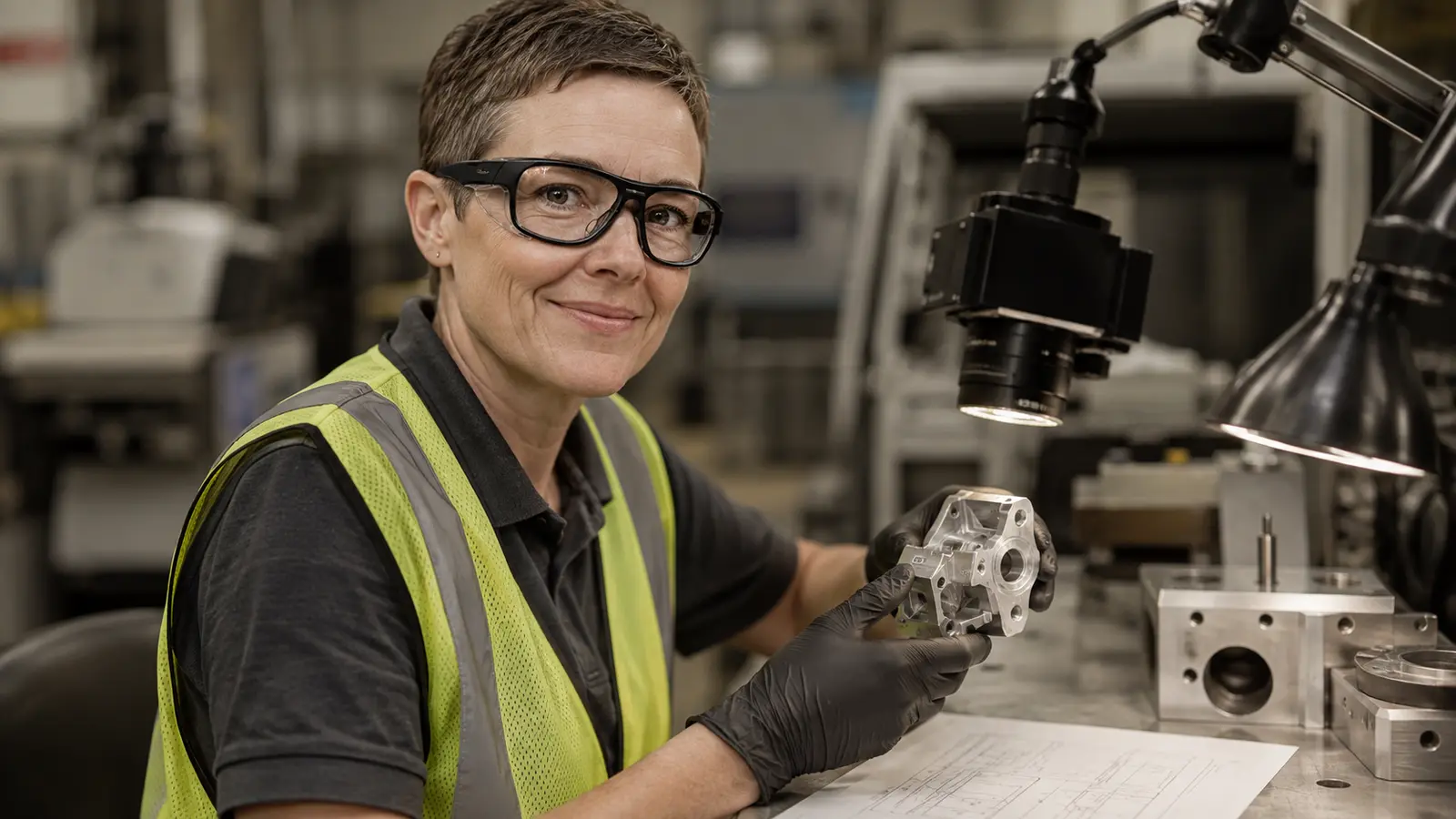 A quality inspector in nitrile gloves and Visor smart glasses smiles as she holds a machined part up to the light under an articulated camera arm.