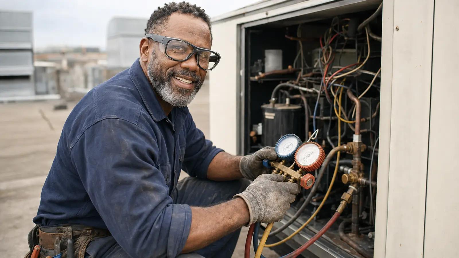 An HVAC technician in work gloves and Visor smart glasses smiles on a rooftop, both hands on a manifold gauge set connected to a packaged unit.