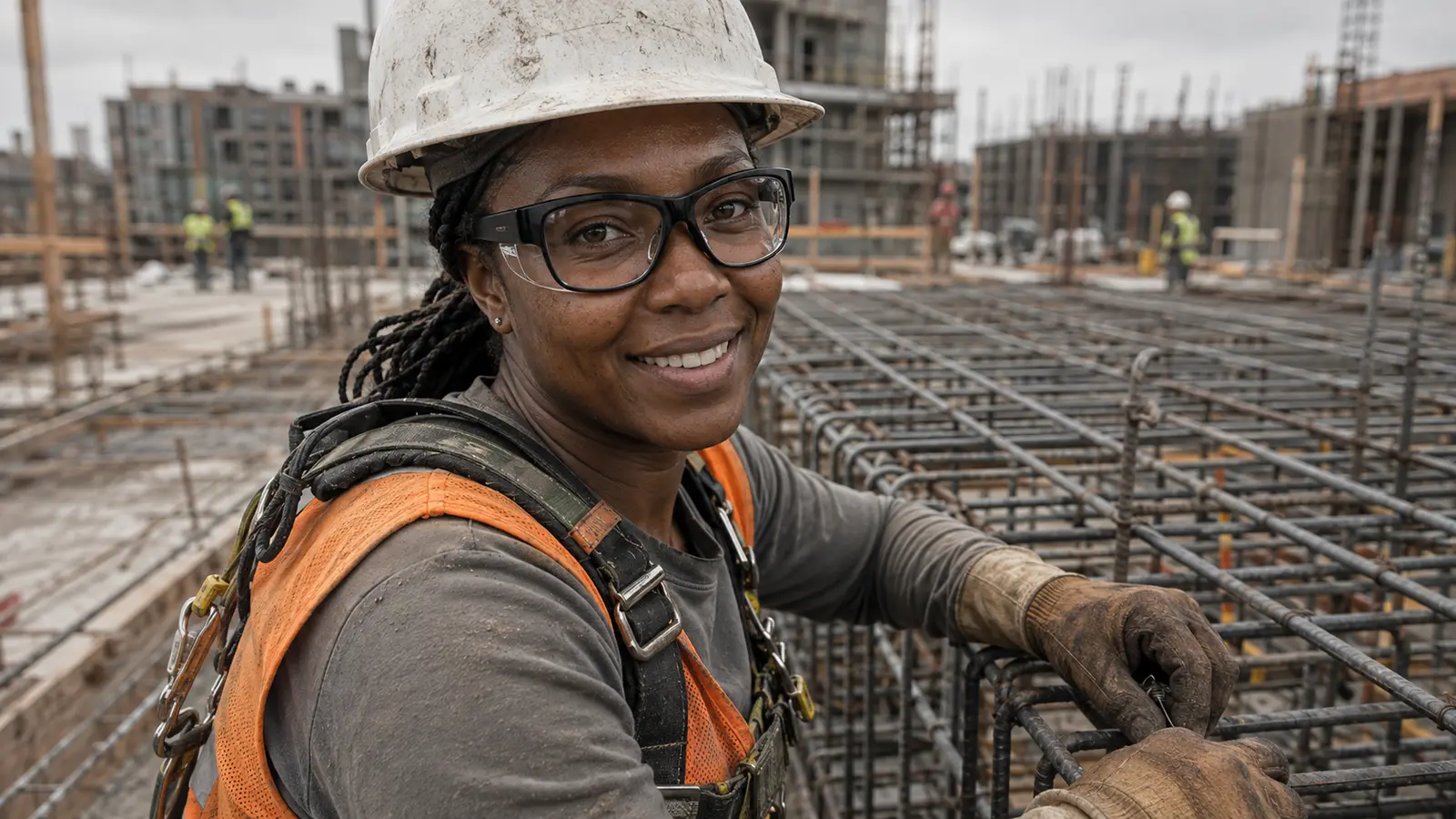 A construction worker in a hard hat, hi-vis vest, clipped harness, and Visor smart glasses smiles on an open concrete deck, rebar grid behind her.