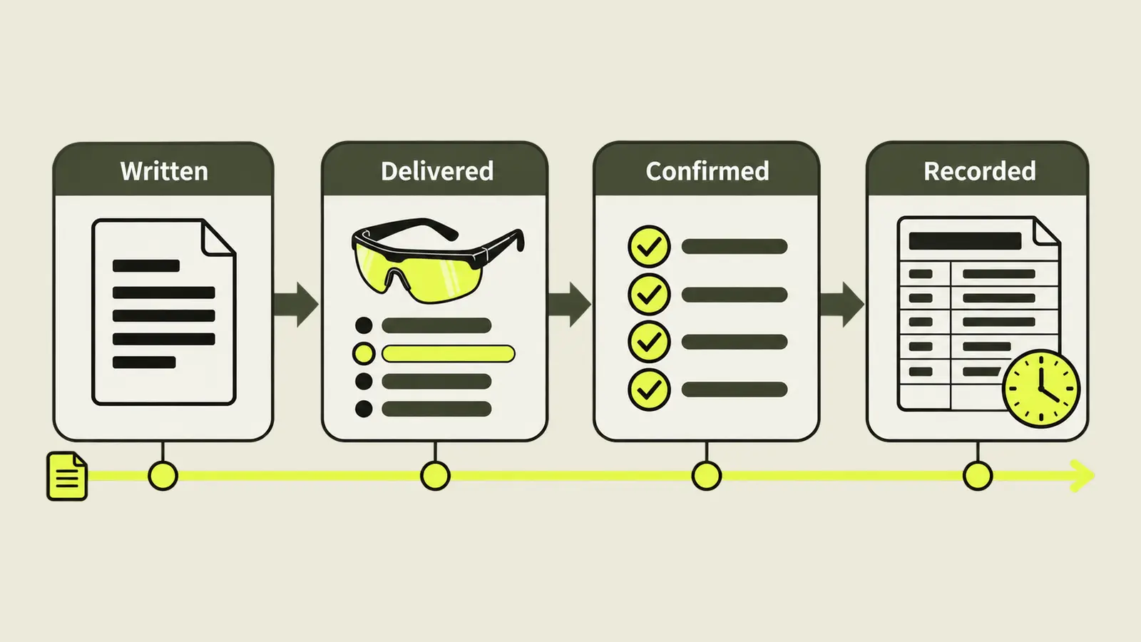 Diagram of four stages joined by arrows: Written, Delivered, Confirmed, Recorded, with one continuous line running beneath them.