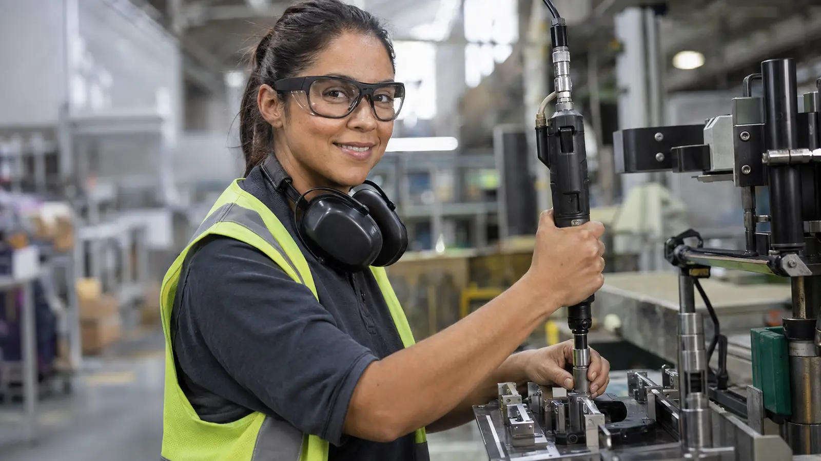 A technician in a hi-vis vest and Visor smart glasses smiles up from a torque station on an assembly line, one hand on the torque tool and the other steadying the part.