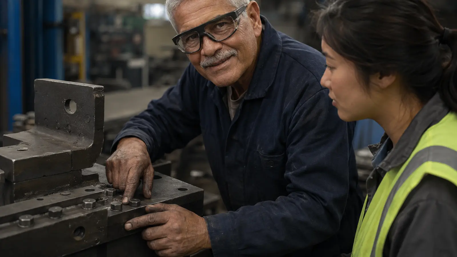 A grey-haired veteran technician in coveralls and Visor smart glasses smiles as he shows an apprentice the fastener sequence on a steel fixture.