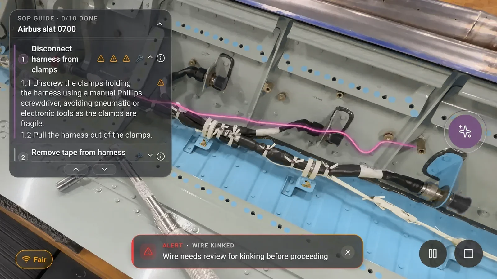 The operator’s view through Visor Glass during a slat procedure: an SOP guide panel shows step one with sub-steps, a red alert warns of a kinked wire, and the assistant button sits at the edge of view.